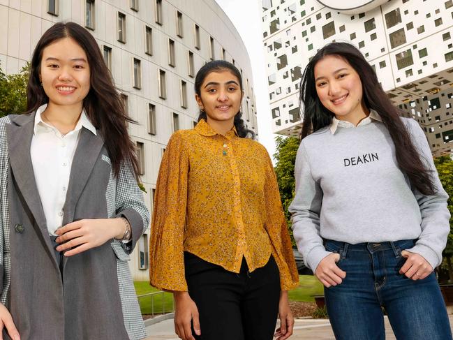 Deakin University students Hoa Pham, 21yrs, Vency Patel, 20yrs and Elizabeth Ruiza, 20yrs on campus.Melbourne is the top Australian city for students and ranks among the best places in the world for international students to study abroad. Picture: Ian Currie