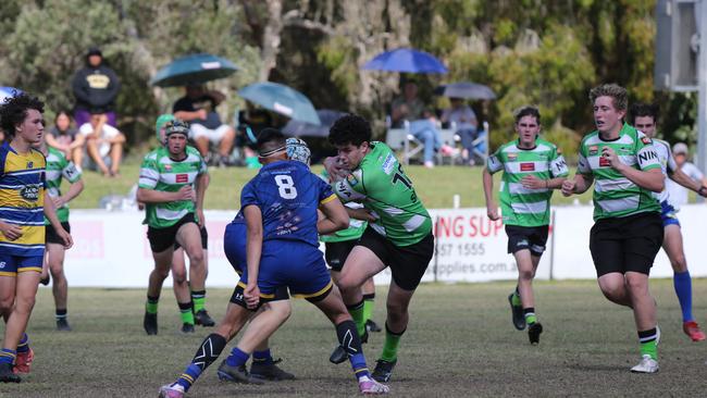 Action galleries of the junior rugby union grand finals, match played at Surfers Paradise Home Ground. Gold Coast Eagles Vs Currumbin Alligators under 16s division. Currumbin player 12 callum Simpson. Picture Mike Batterham