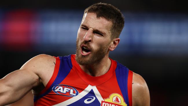 MELBOURNE, AUSTRALIA - August 4, 2023. AFL .        Bulldog Marcus Bontempelli celebrates a 3rd quarter goal during the round 21 match between the Western Bulldogs and Richmond at Marvel Stadium in Melbourne.   Photo by Michael Klein.