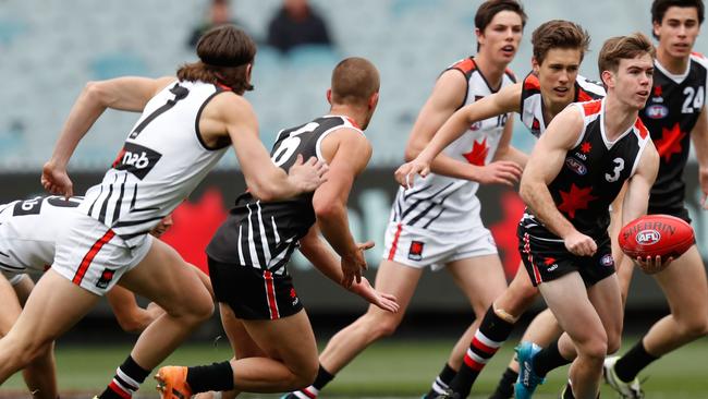 Taj Schofield handballs during the NAB League 2019 All Stars match between Team Dal Santo and Team Brown at the Melbourne Cricket Ground on September 28, 2019. Picture: Darrian Traynor/AFL Photos