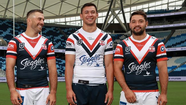 Daily Telegraph. 22, February, Roosters players Sam Walker, James Tedesco, Joseph Manu and Brandon Smith, at Allianz Stadium, for the announcement of their new sponsor Hyundai, today.Picture: Justin Lloyd.