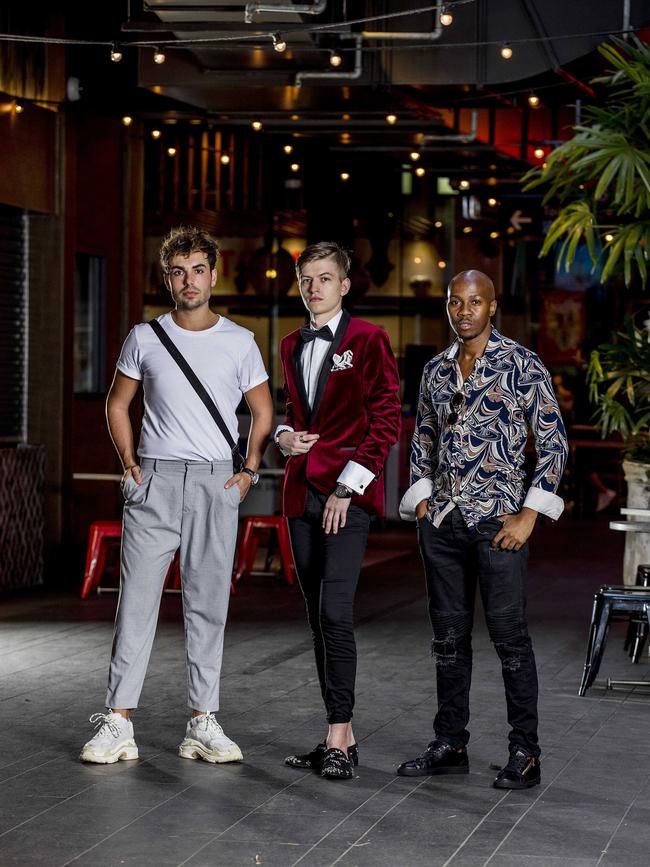 Restaurateur James Carney (left) in streetwear, fashion stylist Michael Dunn (centre) and Red Cypress Clothing founder Farai Chiwedza (right) at Chop Chop, Surfers Paradise, for Best Dressed 2019. Picture: Jerad Williams