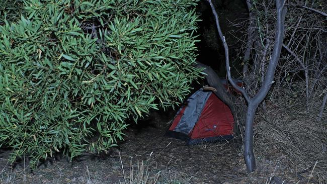 A tent where someone is living just outside Hobart’s CBD Picture: LUKE BOWDEN