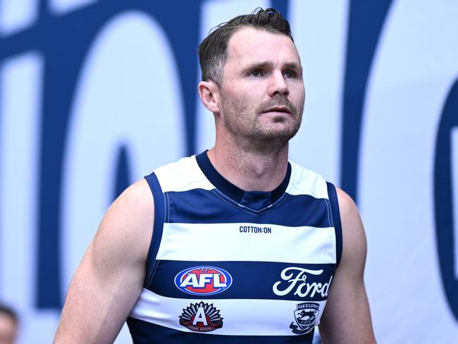 MELBOURNE, AUSTRALIA - APRIL 27: Patrick Dangerfield of the Cats leads his team out onto the field during the round seven AFL match between Geelong Cats and Carlton Blues at Melbourne Cricket Ground, on April 27, 2024, in Melbourne, Australia. (Photo by Quinn Rooney/Getty Images)