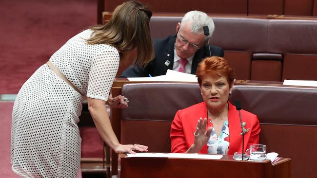 Greens Senator Sarah Hanson-Young and Pauline Hanson. Picture: Kym Smith