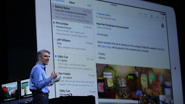 Conference ... Apple senior vice-president Craig Federighi on stage at Apple WWDC in San Francisco, California. Picture: AFP