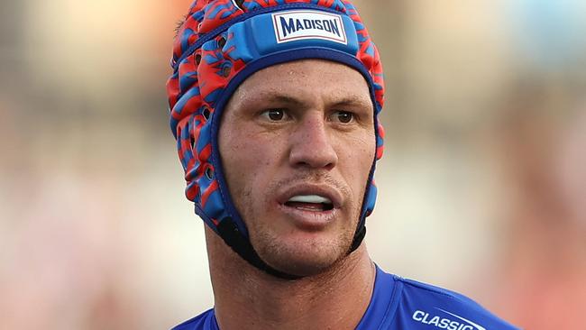SYDNEY, AUSTRALIA - MARCH 07: Kalyn Ponga of the Knights reacts during the round one NRL match between the Wests Tigers and Newcastle Knights at Campbelltown Sports Stadium on March 07, 2025, in Sydney, Australia. (Photo by Mark Metcalfe/Getty Images)