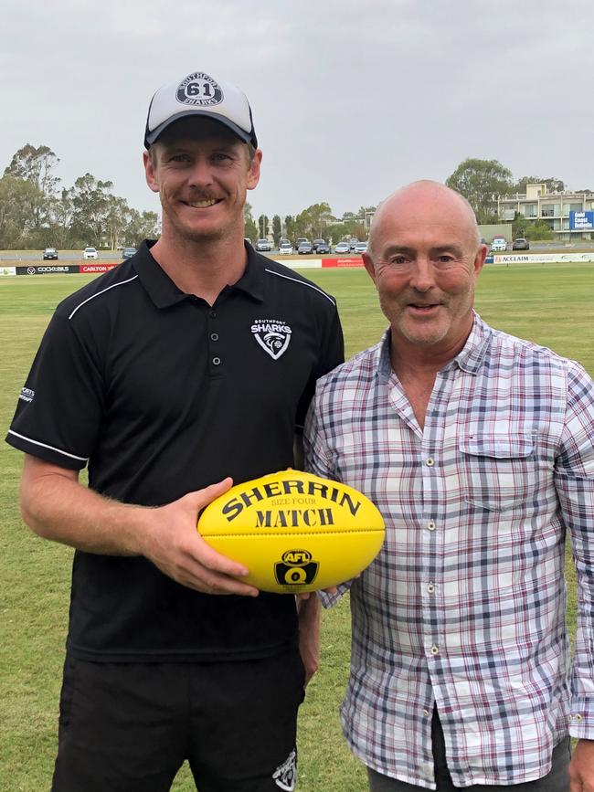 Southport Sharks coach Ryan Davis with major sponsor Bruce Coulson from Kool Kids Training College. Pic: Supplied.