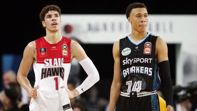 LaMelo Ball of the Hawks and RJ Hampton of the Breakers were the star attractions of Thursday night’s clash. Picture: Getty Images