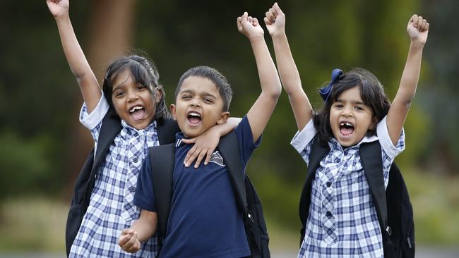 Cambridge Primary School Grade 1 triplets Minara, Dylan and Osara are ready to return to class. Picture: David Caird