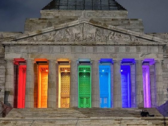 Rainbow colours will be projected onto the Shrine's colonades this Sunday in honour of LGBTQI+ servicepeople. Picture: Supplied by Shrine Melbourne