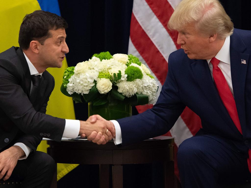 US President Donald Trump and Ukrainian President Volodymyr Zelensky shake hands during a meeting in New York. Picture: AFP