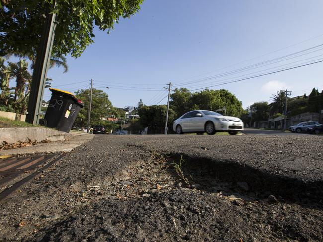 A pothole on Bundarra Road in Bellevue Hill earlier this month. Picture: Damian Shaw