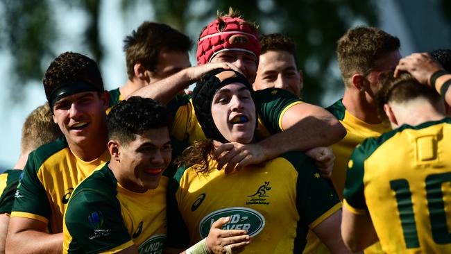 Lachlan Lonergan (black headgear) was cleared of a shoulder charge. Picture: Getty