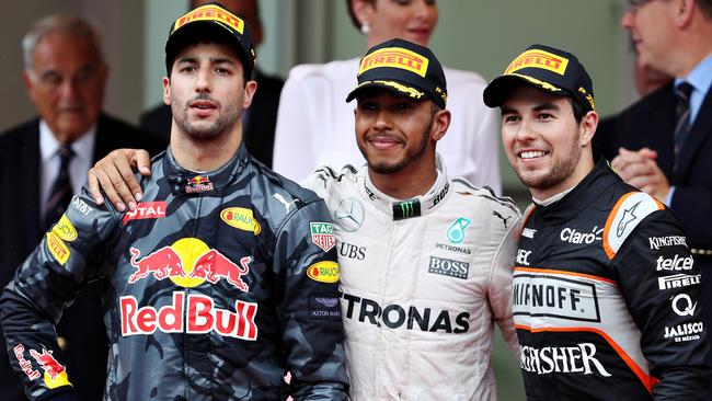 Daniel Ricciardo with triple world champion Lewis Hamilton and Sergio Perez after the Monaco GP.