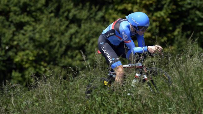 Australia's Rohan Dennis pushes forward during the Dauphine Criterium cycling race. Picture: Jeff Pachoud for AFP.