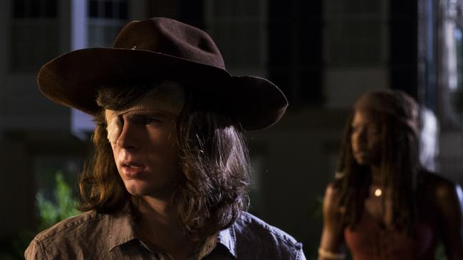 Carl and Michonne lead the defence of Alexandria. He looks well enough here ...