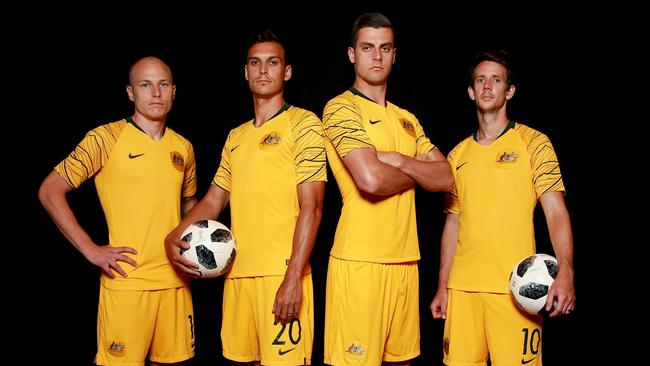 Portraits of Socceroos players before they head to Russia for the 2018 World Cup. Picture: Toby Zerna(L-R) Aaron Mooy, Trent Sainsbury, Tomi Juric & Robbie Kruse
