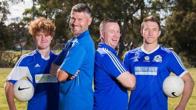 Modbury Vista player Lochie Jackman and chairman Rick Shrowder will share the redeveloped Jet Park with Modbury Jets chairman Jeff McCormack and player Kieran McNally next season. Picture: Matt Loxton