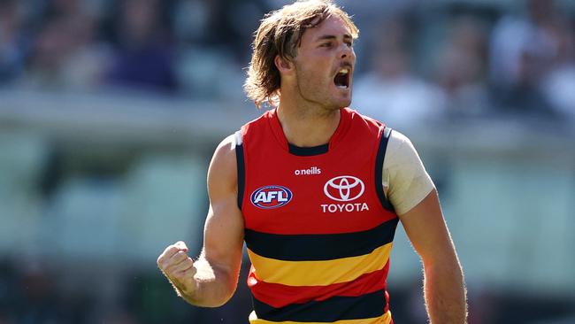 MELBOURNE.  26/03/2022.   AFL. Round 2. Collingwood vs Adelaide crows at the MCG.  Luke Pedlar of the Crows celebrates a 3rd qtr goal   . Photo by Michael Klein