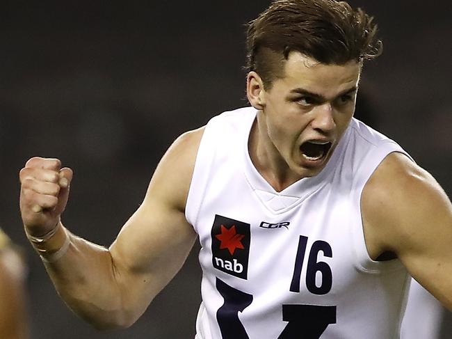 MELBOURNE, AUSTRALIA - JULY 03: Brodie Kemp of Vic Country celebrates a goal during the AFL 2019 U18 Championships match between Vic Country and Western Australia at Marvel Stadium on July 03, 2019 in Melbourne, Australia. (Photo by Dylan Burns/AFL Photos via Getty Images)