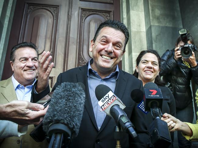 Press conference with SA-BEST Leader Nick Xenophon and the party's newly elected members of the Legislative Council, Connie Bonaros and Frank Pangallo, Sunday March 18, 2018 on the steps of Parliament House - pic AAp/MIKE BURTON