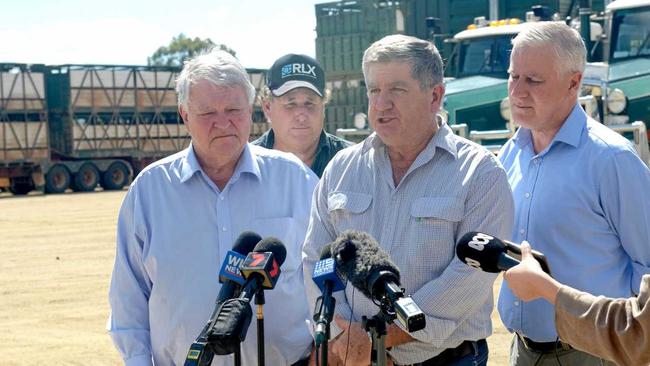 Ken O'Dowd MP, Glenn Willis of Frasers Transport, Tony Hopkins of Hopkins Bros and Minister Michael McCormack at the roads and bridges upgrade announcement. Picture: Jann Houley