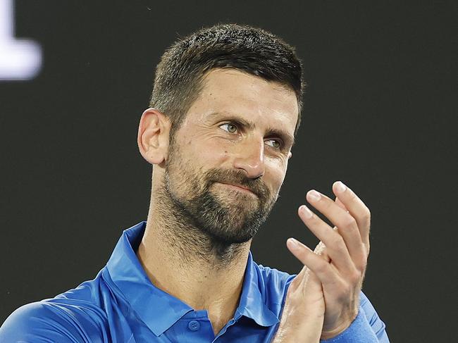 MELBOURNE, AUSTRALIA - JANUARY 09: Novak Djokovic of Serbia thanks the audience after the exhibition match against Alexander Zverev of Germany during the Night with Novak charity event ahead of the 2025 Australian Open at Melbourne Park on January 09, 2025 in Melbourne, Australia. (Photo by Daniel Pockett/Getty Images)