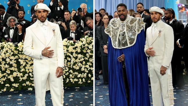 The racer’s outfit incorporated Black spiritual dressing and cultural symbols like baobab flowers and cowrie shells. Seen pictured with actor and co-chair of the event Colman Domingo. Picture: Getty