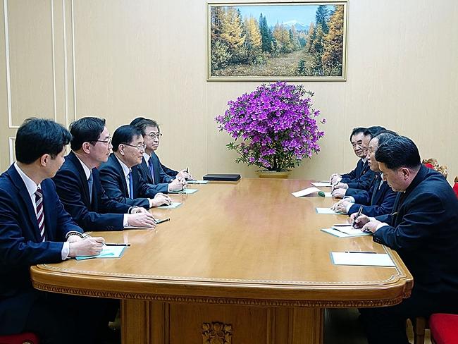 North and South Korean leaders come together in their first talks since 2011. Picture: South Korean Presidential Blue House via Getty Images.