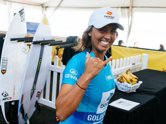 Sally Fitzgibbons is all smiles prior to paddling out at the Boost Mobile Gold Coast Pro on the Gold Coast. Picture: Cait Miers/World Surf League