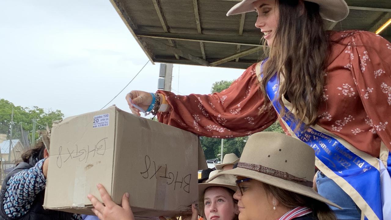 The 2022 Grafton Show's Woman of the Land Reny Dooley drawing the raffle in the grandstand at the official opening on May 7.