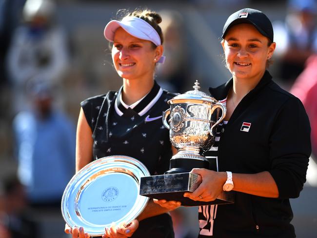 Ashleigh Barty (right) and runner up Marketa Vondrousova of The Czech Republic. Picture: Getty