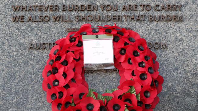 The ANZAC wreath left at the Australian War Memorial in London by Princess Anne. Picture: AFP.