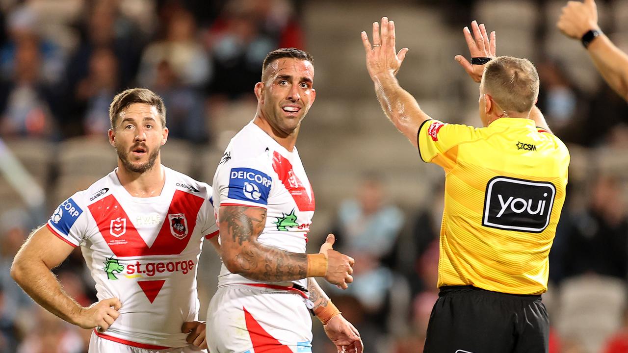 St George Illawarra prop Paul Vaughan is sent to the sin bin by referee Ben Cummins during Round 11 against Cronulla. Picture: Mark Kolbe/Getty Images