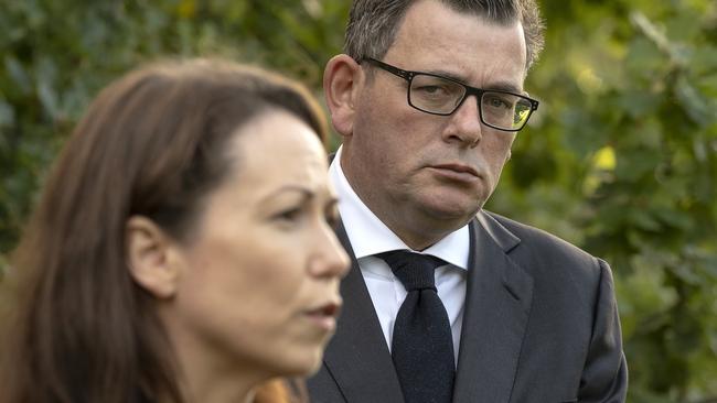 Victorian Attorney-General Jaclyn Symes and Premier Daniel Andrews speak to reporters. Picture: NCA NewsWire / Luis Enrique Ascui