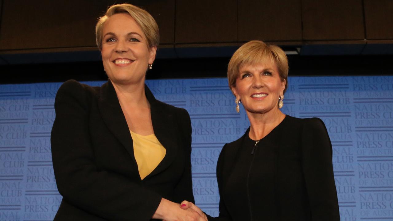 Then Foreign Minister Julie Bishop and her shadow counterpart Tanya Plibersek at the National Press Club in Canberra. Picture: Ray Strange.