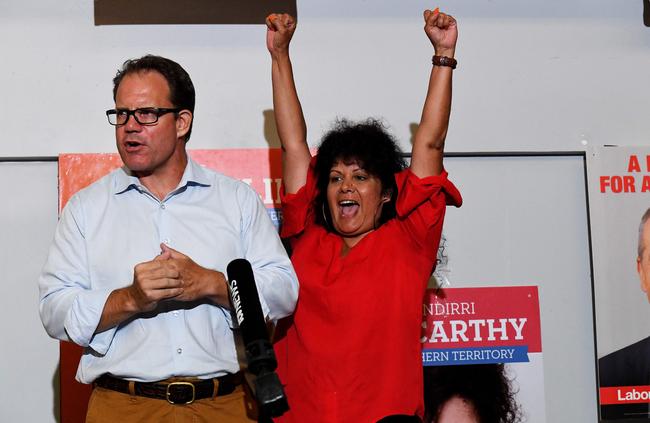 Luke Gosling with Senator Malarndirri McCarthy behind him, talking to Labor supporters at the Labor Party election function. Picture: Keri Megelus