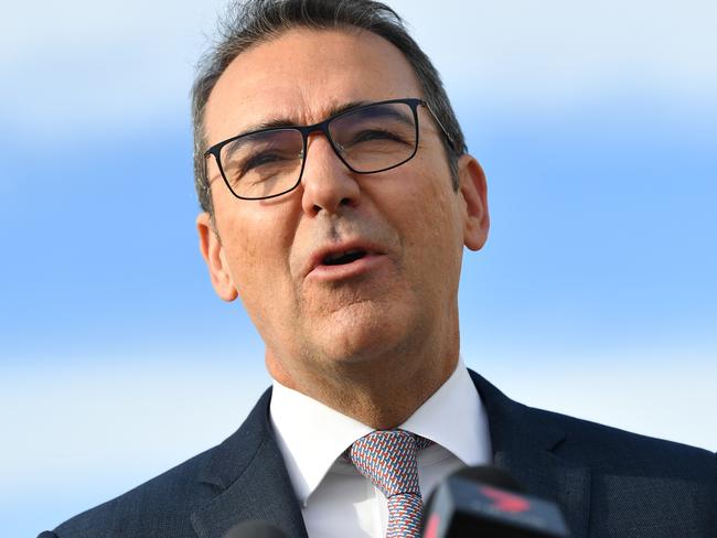 SA Premier Steven Marshall speaks to the media during a press conference before the first international freight flight leaves Adelaide Airport in Adelaide, Wednesday, May 6, 2020. (AAP Image/David Mariuz) NO ARCHIVING