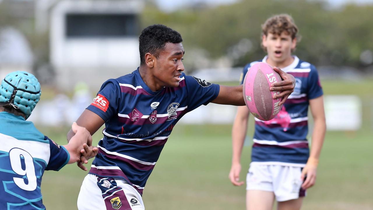 RUGBY LEAGUE: Justin Hodges and Chris Flannery 9s Gala Day. Mountain Creek State High (white shorts) V Morayfield State High, year 10. Creek's Fraser Cash on the burst. Picture: Patrick Woods.