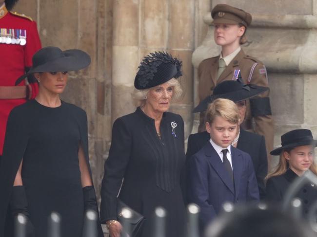 Meghan Markle with Camilla, Queen Consort, Catherine, Princess of Wales, Prince George and Princess Charlotte at the Queen’s funeral. Picture: Getty Images