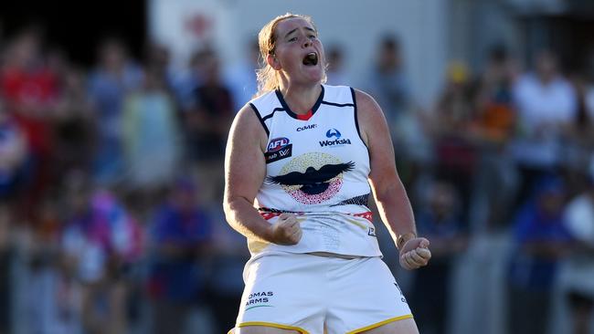 Sarah Perkins celebrates one of her two goals. Photo: AAP Image/Tracey Nearmy