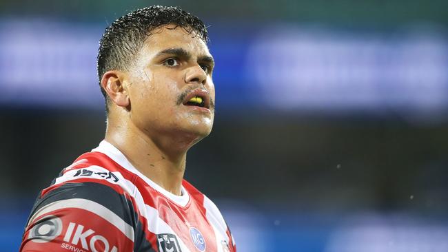 SYDNEY, AUSTRALIA – MARCH 15: Latrell Mitchell of the Roosters watches on during the round one NRL match between the Sydney Roosters and the South Sydney Rabbitohs at Sydney Cricket Ground on March 15, 2019 in Sydney, Australia. (Photo by Mark Kolbe/Getty Images)