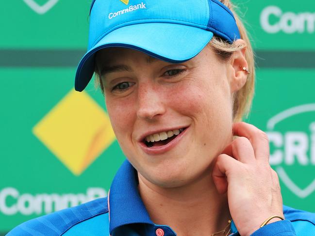 CANBERRA, AUSTRALIA - JANUARY 25: Ellyse Perry of Australia talks during a media opportunity ahead of the Women's International Series between Australia and South Africa at Manuka Oval on January 25, 2024 in Canberra, Australia. (Photo by Mark Evans/Getty Images)