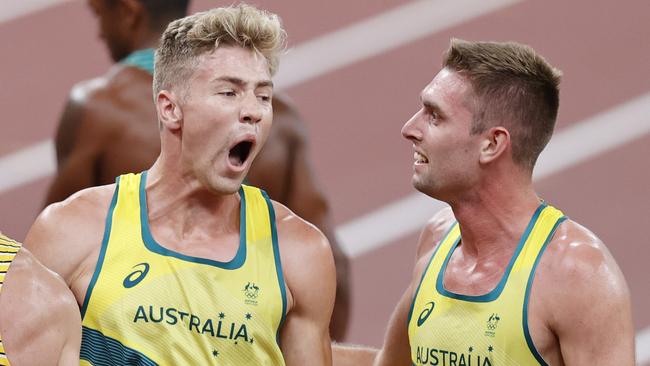 Ash Moloney with Cedric Dubler after learning he won the bronze medal Picture: Alex Coppel.