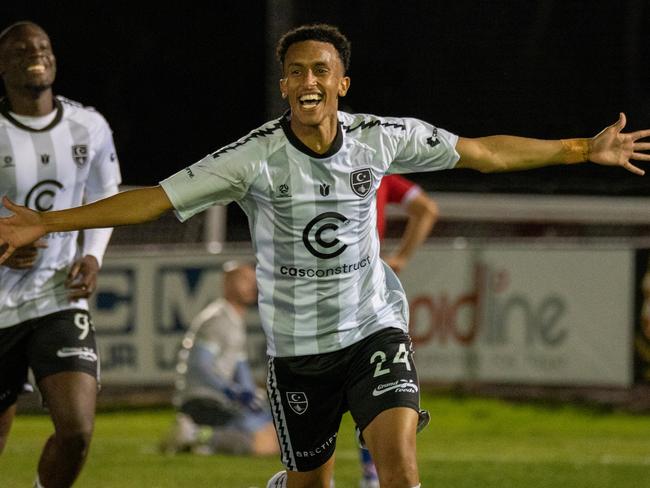 Aamir Abdullah celebrates a goal for Hume City. Picture: Hume City FC