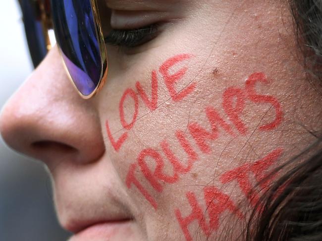 An emotional woman attends the Sydney protest on Thursday afternoon. Picture: William West