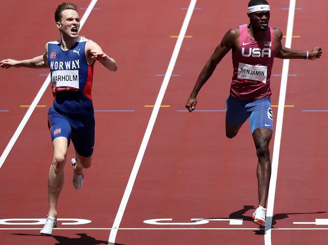 Team Norway’s Karsten Warholm and Rai Benjamin of Team United States. Warholm slammed his opponent’s shoes as “bulls**t”. Picture: Getty Images