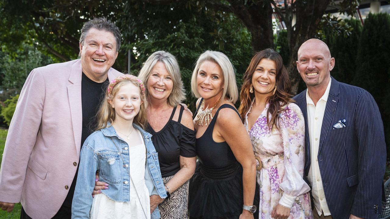 At Toowoomba Fashion Festival supporting Rebecca Pask of Barr Body and Swim are (from left) Gary Pask, Olivia Quigg, Margaret Pask, Julie Milner, Julie Schlabach and Christopher Klopper at The Armitage Centre, Saturday, March 16, 2024. Picture: Kevin Farmer