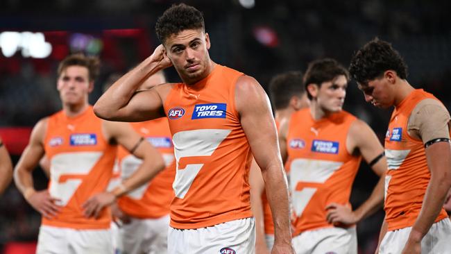 MELBOURNE, AUSTRALIA - MAY 11: The Giants look dejected after the round nine AFL match between Essendon Bombers and Greater Western Sydney Giants at Marvel Stadium, on May 11, 2024, in Melbourne, Australia. (Photo by Daniel Pockett/AFL Photos/via Getty Images)